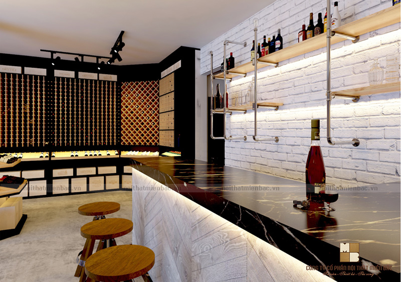 Thiết kế nội thất showroom rượu vang tại khu vực quầy bar thưởng thức những ly vang thượng hạng