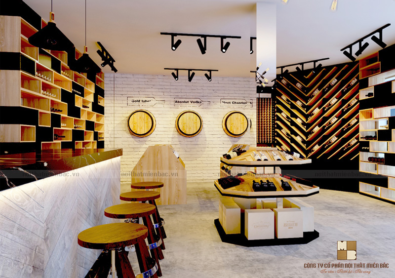 Không gian thiết kế nội thất showroom rượu vang này với những sản phẩm bán chạy hoặc sản phẩm cần tập trung giới thiệu cho khách hàng